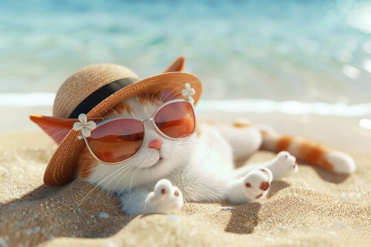 A cute 3D cartoon cat wearing sunglasses and a sun hat is chilling on the sandy beach enjoying the summer vibes. by AI generated image