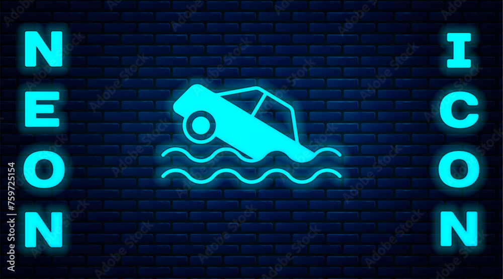 Wall mural Glowing neon Flood car icon isolated on brick wall background. Insurance concept. Flood disaster concept. Security, safety, protection, protect concept. Vector