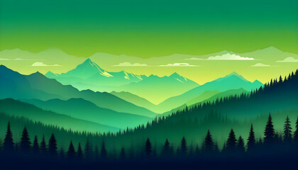 Obraz premium A dark green landscape with trees and mountains in the distance