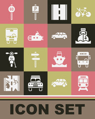 Set Train and railway, Bus, Cargo ship, Road, Submarine, Speed limit traffic and Hatchback car icon. Vector