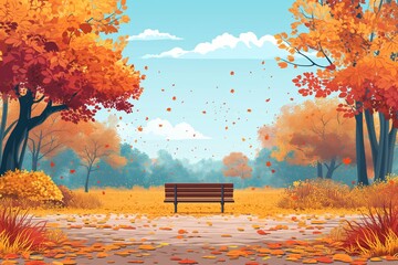 A tranquil autumn scene, a bench awaits amidst a shower of golden leaves, inviting quiet reflection in the crisp air.
