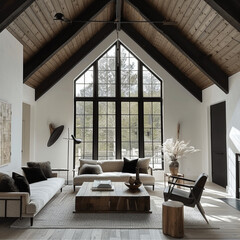 a modern living room with vaulted ceiling and black mullion windows. minimalist furniture with warm wood tones