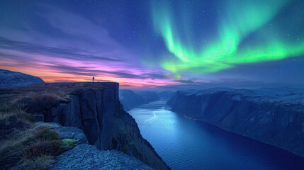 Imagine standing atop a cliff overlooking the fjords at twilight, with the soft hues of dusk blending into the night sky, setting the stage for the celestial spectacle of the Northern Lights