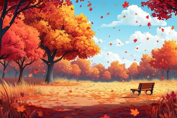 A tranquil autumn scene, a bench awaits amidst a shower of golden leaves, inviting quiet reflection in the crisp air.
