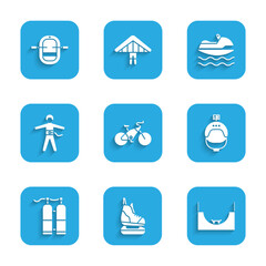 Set Bicycle, Skates, park, Helmet and action camera, Aqualung, Bungee jumping, Jet ski and Rafting boat icon. Vector