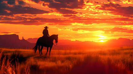 Western landscape with silhouette of a lonely cowboy riding a horse in beautiful midwest scenery