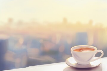 photo of aromatic coffee in a white cup with a white saucer on a light background of the city out of focus - obrazy, fototapety, plakaty