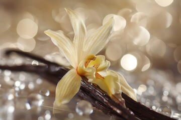 vanilla sticks with a delicate jelly vanilla orchid flower, Macro