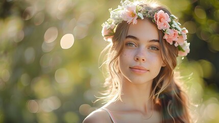 Stylish Woman Wearing Floral Crown in the Forest
