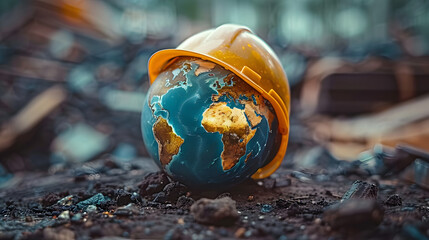 Symbol of safety and health at work: the planet Earth and the helmet. A safety and health concept for the World Day of Safety and Health at Work.
