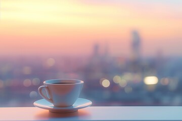 photo of aromatic coffee in a white cup with a white saucer on a light background of the city out of focus - 759725742