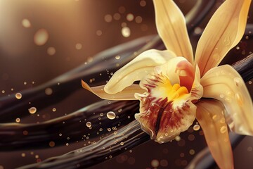 vanilla sticks with a delicate jelly vanilla orchid flower, Macro