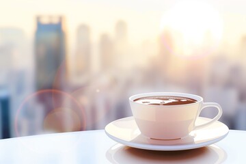 photo of aromatic coffee in a white cup with a white saucer on a light background of the city out of focus - obrazy, fototapety, plakaty