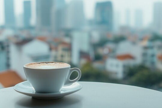 photo of aromatic coffee in a white cup with a white saucer on a light background of the city out of focus