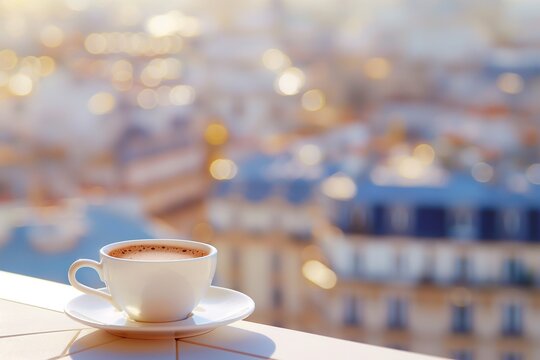 photo of aromatic coffee in a white cup with a white saucer on a light background of the city out of focus