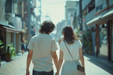 a young couple in white clothes walks through the city.  back view. - obrazy, fototapety, plakaty