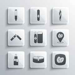 Set Ashtray, Tobacco leaf, Electronic cigarette, Vape liquid bottle, Broken, Cigarette and Marijuana joint, spliff icon. Vector