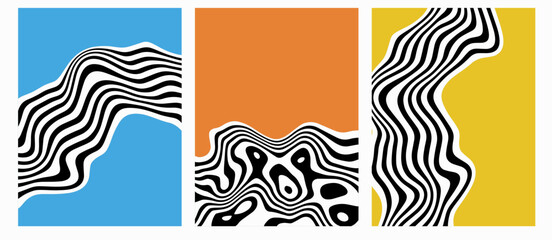 Set of vertical abstract posters with wavy stripes and liquid. Optical illusion backgrounds. Fluid stipes at. Swiss design - obrazy, fototapety, plakaty