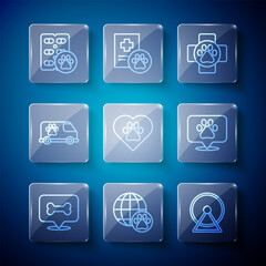 Set line Dog bone, World pet, Hamster wheel, Veterinary clinic, Heart with animals footprint, ambulance, pill and Location veterinary icon. Vector