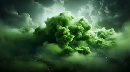 3D illustration of a green explosion with smoke in the dark. - obrazy, fototapety, plakaty