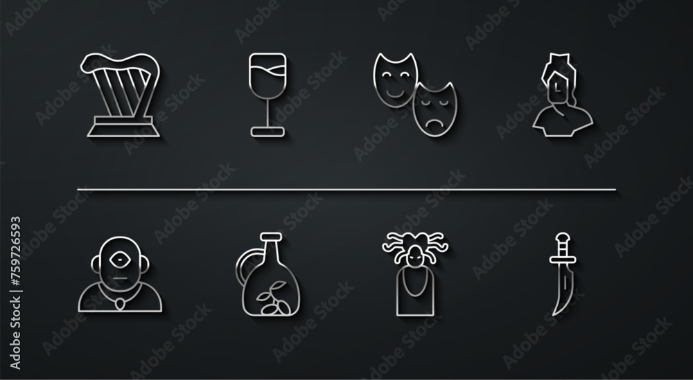 Wall mural set line harp, cyclops, ancient bust sculpture, medusa gorgon, bottle of olive oil, wine glass, dagg