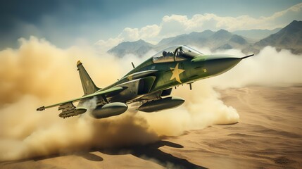 Fighter jet fighter in the sky. 3D render illustration. - obrazy, fototapety, plakaty