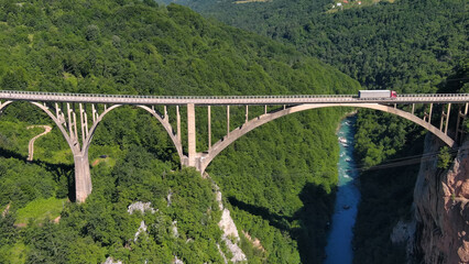 Aerial view on Djurdjevica arch bridge over Tara