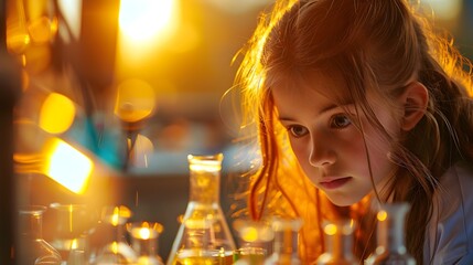 Young Girl Conducting Lab Experiment in Golden Light