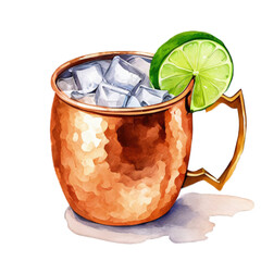 Moscow Mule in a copper mug, watercolor illustration, vector clipart, cut out on white background, drink, travel drink