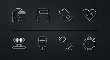 Set line Shower head, Bench with barbel, Heart rate, Dumbbell, Boxing glove, Jump rope, Stopwatch and Smart on hand icon. Vector