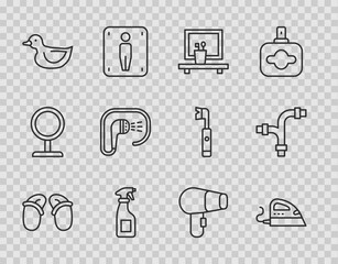 Set line Flip flops, Electric iron, Washbasin mirror, Cleaning spray bottle, Rubber duck, Shower, Hair dryer and Industry metallic pipe icon. Vector