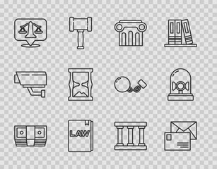 Set line Bribe money cash, Envelope, Law pillar, book, Scales of justice, Old hourglass, Prison window and Flasher siren icon. Vector