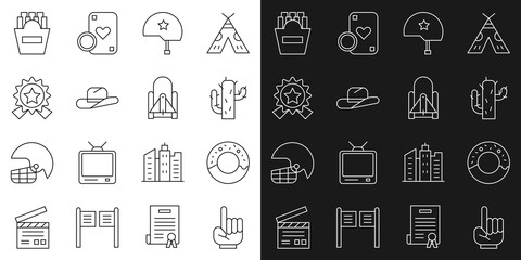 Set line Number 1 one fan hand glove, Donut, Cactus, Military helmet, Western cowboy hat, Medal with star, Potatoes french fries in box and Rocket launch from the spaceport icon. Vector