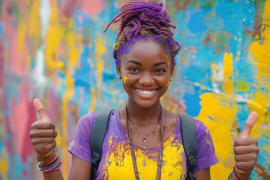 Smiling woman with dreadlocks and purple paint on her face giving a thumbs up