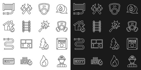 Set line Firefighter, alarm system, Gas mask, escape, in burning house, hose reel and axe icon. Vector