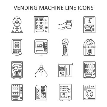 Vending machine line icon. Vector collection with gumball machine, toy machine, self-service ticket machine, digital payment kiosk, jukebox, photo booth.