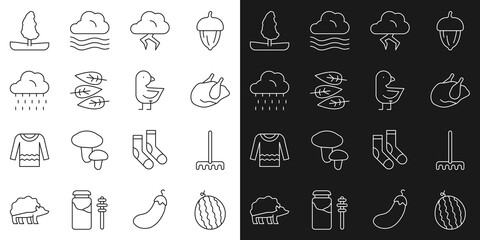 Set line Watermelon, Garden rake, Roasted turkey or chicken, Storm, Leaf leaves, Cloud with rain, Tree and Little icon. Vector