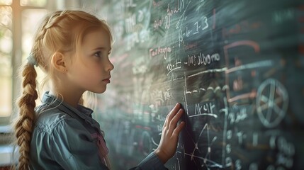 Young Girl Writing Math Lesson on a Blackboard - obrazy, fototapety, plakaty