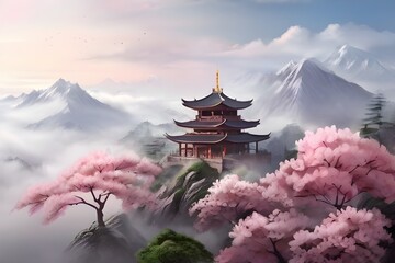 Fototapeta premium Stunning mountain view of Asian temple amidst mist and blooming sakura trees in misty haze symbolizing harmony between nature and spirituality, breathtaking allure of nature Generative AI