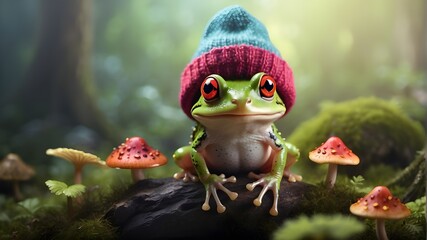 A tiny frog with a big personality, sporting a colorful beanie and a mischievous grin, perched on a mushroom in a magical forest. - obrazy, fototapety, plakaty