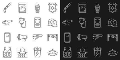 Set line Police cap with cockade, Crime scene, Hexagram sheriff, Walkie talkie, Whistle, rubber baton and badge id case icon. Vector