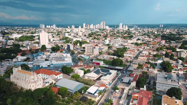 Aerial city scape at stormy time in summer in central Cuiaba Mato Grosso