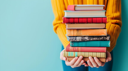Woman hands holding pile of books over light blue background. Education, library, science,...