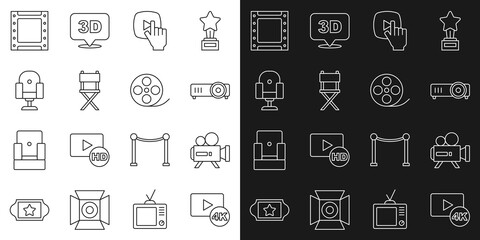 Set line Screen tv with 4k, Retro cinema camera, Movie, film, media projector, Online play video, Director movie chair, Play and Film reel icon. Vector