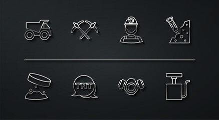 Set line Mining dump truck, Giant magnet holding iron dust, Construction jackhammer, Gas mask, Dynamite, Pickaxe, Handle detonator and Miner helmet icon. Vector © Kostiantyn
