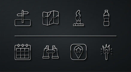Set line Road traffic sign, Calendar, Bottle of water, Location for camping, Binoculars, Camping and hiking map, Torch flame and Campfire icon. Vector