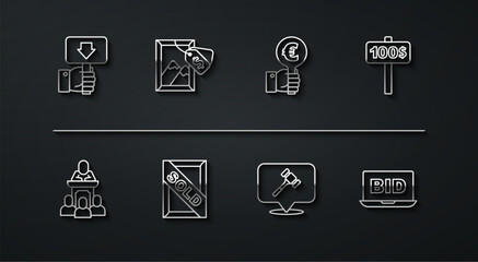 Set line Hand holding auction paddle, Auction auctioneer sells, hammer, painting sold, Online and icon. Vector