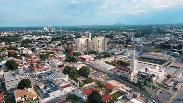 Aerial city scape of church in summer in central Cuiaba Mato Grosso