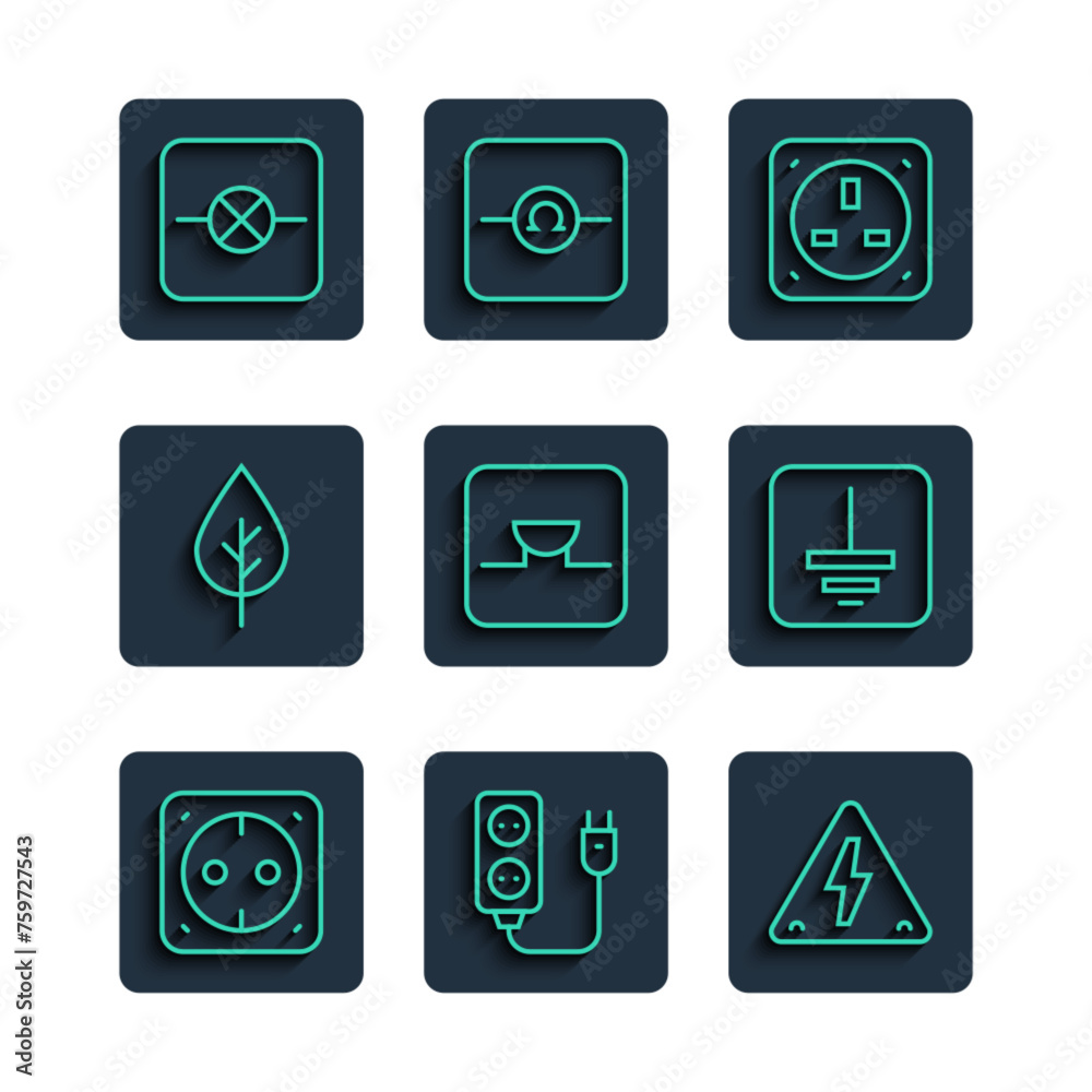 Sticker Set line Electrical outlet, extension, High voltage, Buzzer in electronic circuit, Leaf Eco symbol, Lamp and ground icon. Vector