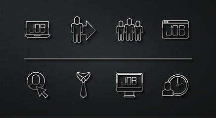 Set line Search job, Worker, Tie, Leader of team of executives, time and Project base icon. Vector
